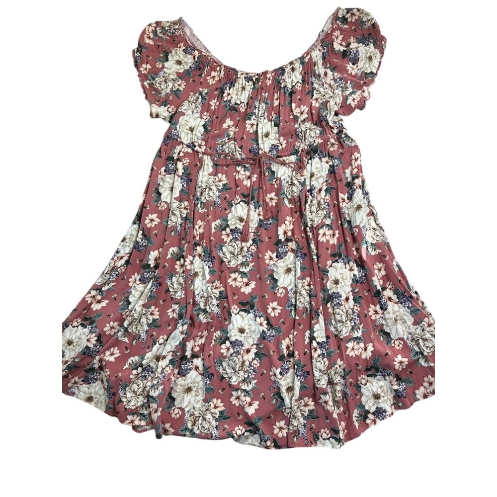 Torrid Floral Mini Dress 4X Pink Boho Off Shoulder Tassel Smocked Boho Cottage